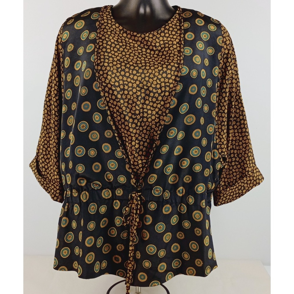 Leslie Fay Womens 22W Black Gold Satin Blouse Built In Vest Draw String Waist